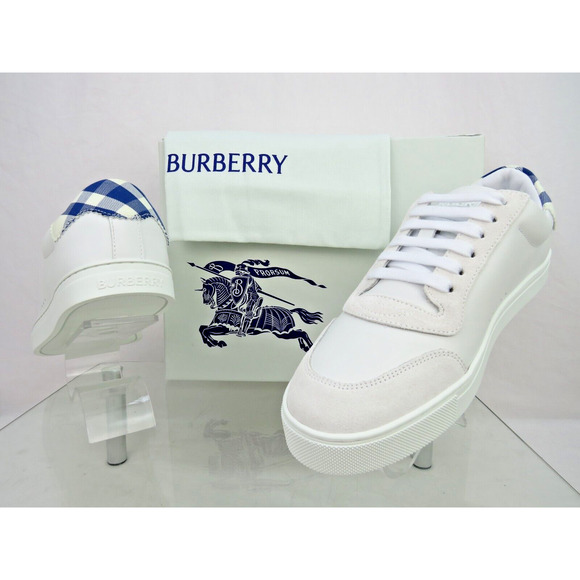 NIB BURBERRY ROBIN WHITE BLUE CHECK LEATHER LOW LOGO SNEAKERS US 11.5 44.5 IT - Picture 6 of 13